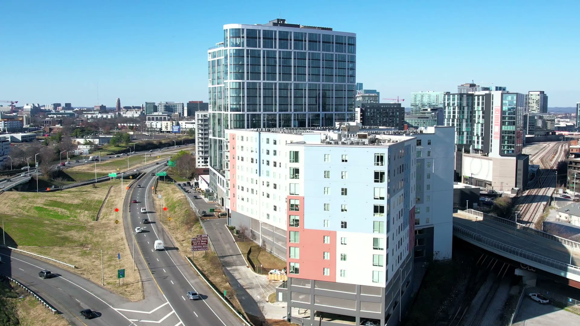 Drone view of Haven at The Gulch with the Nashville skyline beyond